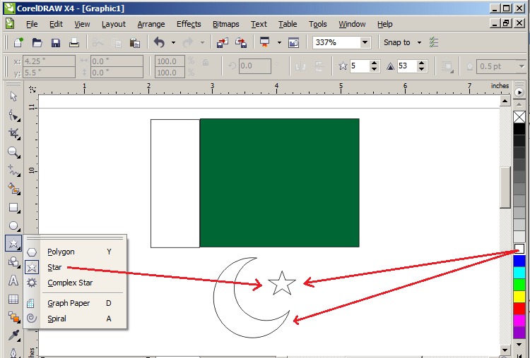 اسٹار ٹول کی مدد سے ستارہ ڈرا کریں اور پھر چاند اور تارا دونوں میں سفید رنگ بھریں۔ اسٹار ٹول کی مدد سے ستارہ ڈرا کریں اور پھر چاند اور تارا دونوں میں سفید رنگ بھریں