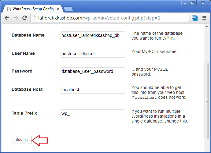 تنصیب کے لیے ڈیٹابیس، یوزر اور سرور کی معلومات مہیا کریں تنصیب کے لیے ڈیٹابیس، یوزر اور سرور کی معلومات مہیا کریں
