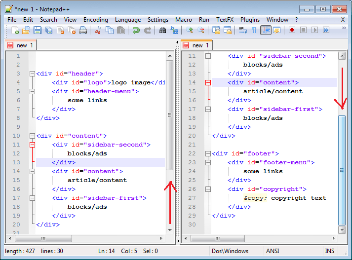 فائل کے دائیں اور بائیں دو مختلف ویوز