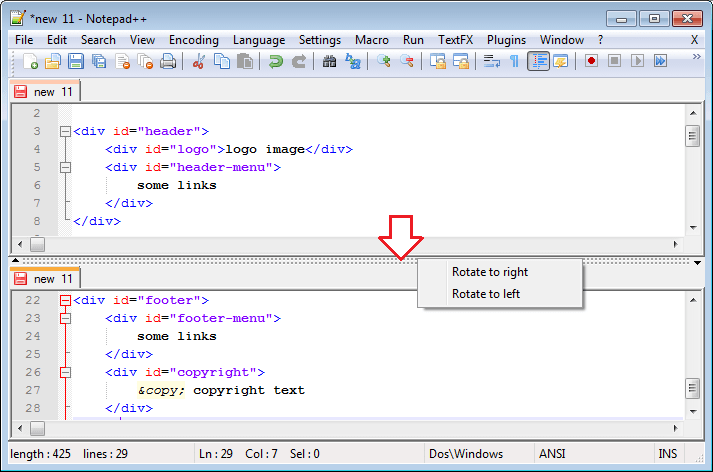 فائل کے اوپر اور نیچے دو مختلف ویوز