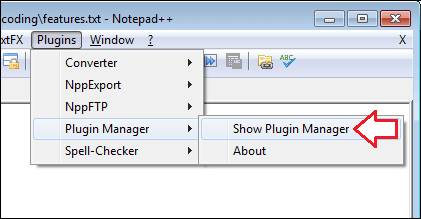 نوٹ پیڈ پلس پلس کے پلگ ان مینیجر کا ڈائیلاگ باکس کھولیں