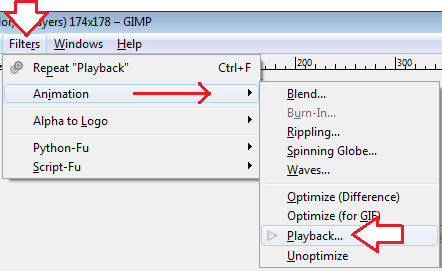 اینی میشن ٹیسٹ کرنے کے لیے فلٹرز مینیو میں سے پلے بیک ڈائیلاگ باکس کھولیں