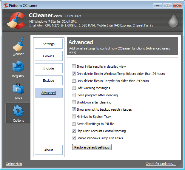سی کلینر کی سیٹنگز تبدیل کریں