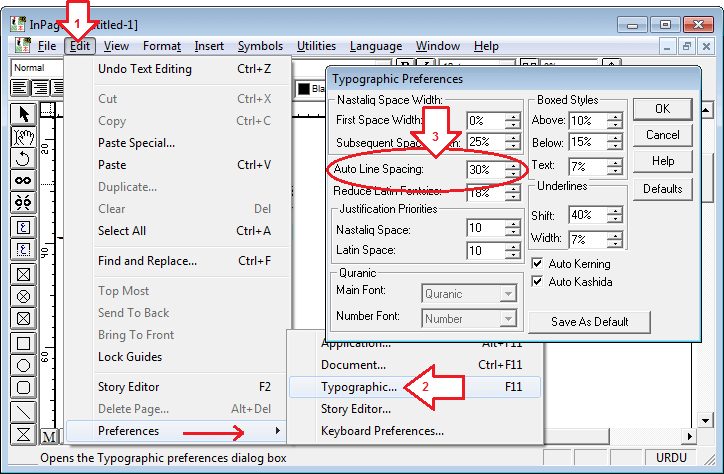 ٹائپو گرافک ڈائیلاگ باکس کھول کر آٹو فاصلہ کی مقدار متعین کریں