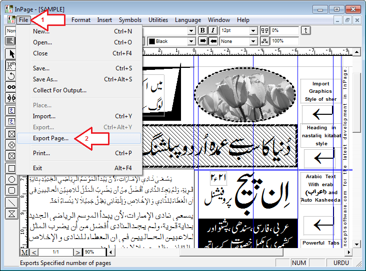 ان پیج کے فائل مینیو سے ایکسپورٹ پیج آپشن منتخب کریں