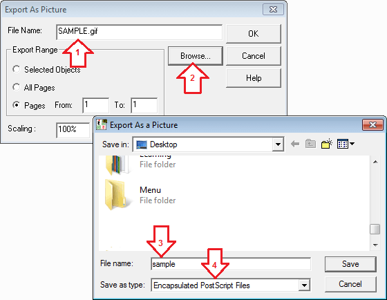 ایکسپورٹ فائل کا نام مہیا کریں، اور اس فائل کی ٹائپ ای پی ایس مقرر کریں
