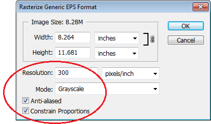 فوٹو شاپ میں ای پی ایس فائل کی ریزولوشن اور موڈ منتخب کریں