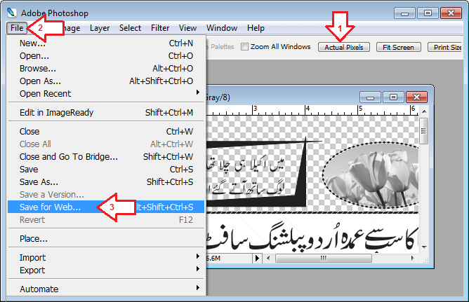 فوٹو شاپ کے فائل مینیو میں سے ویب کے لیے محفوظ کرنے والا آپشن منتخب کریں