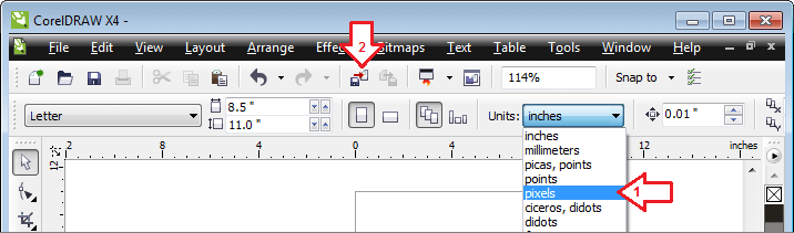 پہلے پراپرٹی بار سے پیمائش کا یونٹ منتخب کریں، پھر مطلوبہ تصویر کورل ڈرا میں لے کر آئیں