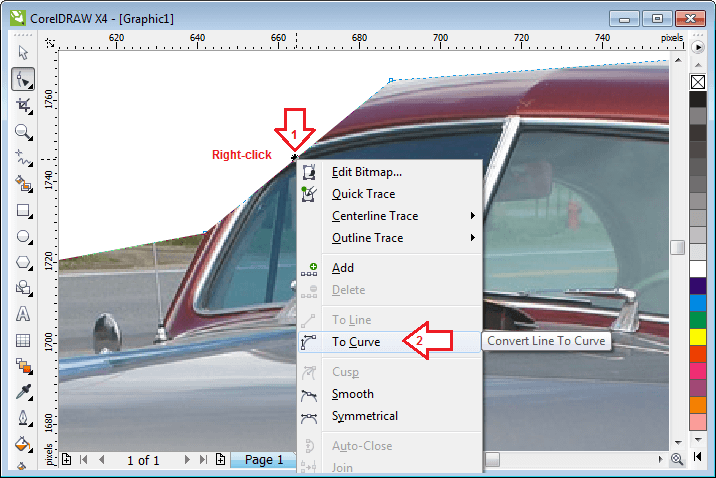 دونوں نوڈز کے درمیان والی لائن پر رائٹ کلک کر کے مینیو کھولیں اور گولائی والا آپشن منتخب کریں