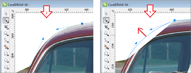 نوڈز کے درمیان والی لائن کو ماؤس کی مدد سے باہر کی طرف ڈریگ کر کے آبجیکٹ کی گولائی کے مطابق لائیں
