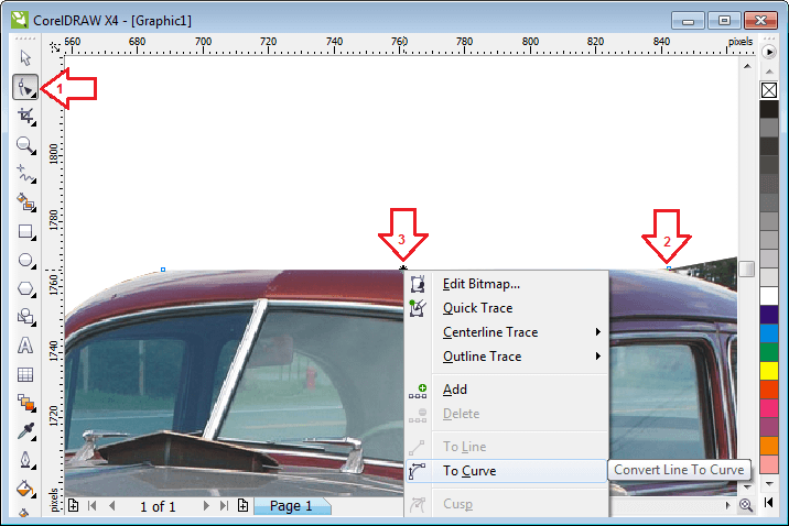 آبجیکٹ کے گول حصے کے دونوں طرف نوڈز بنا کر درمیان والی لائن کو گولائی میں لائیں