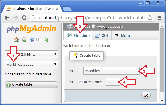 نیا ٹیبل بنانے کے لیے اسٹرکچر ٹیب پر کلک کریں اور پھر ٹیبل کا نام اور اس کی فیلڈز کی تعداد بتائیں