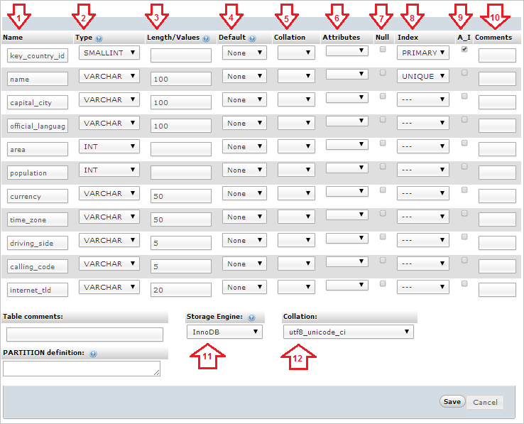 نئے ٹیبل کے لیے فیلڈز ڈیفائن کریں