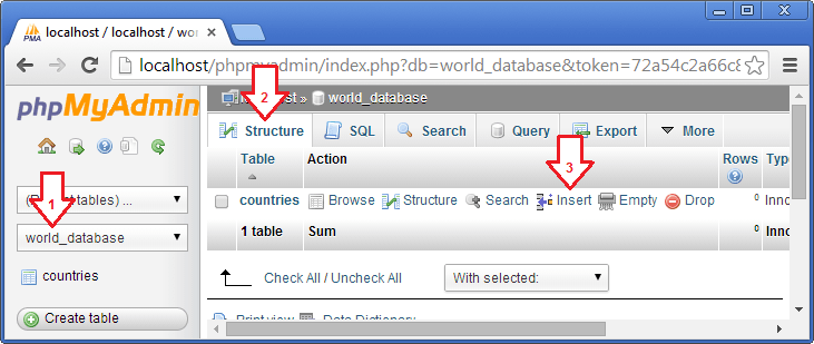 نیا ریکارڈ بنانے کے لیے ٹیبل کے نام کے سامنے موجود انسرٹ لنک پر کلک کریں
