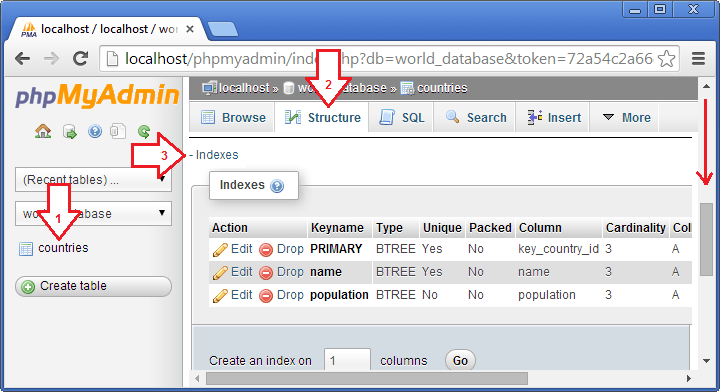 ٹیبل کی مختلف فیلڈز کے لیے بنائی گئی انڈیکسز