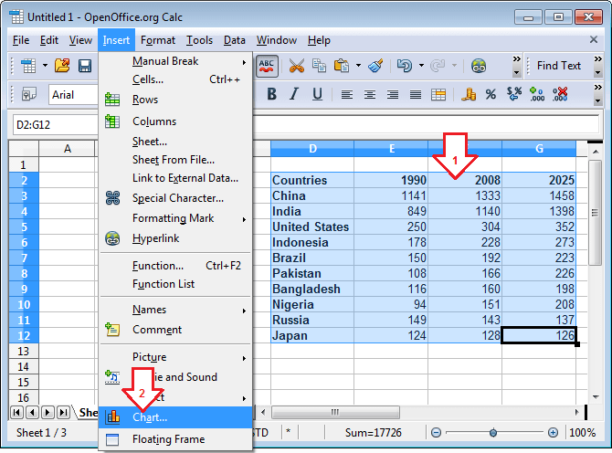 پہلے گراف کا مکمل ڈیٹا ٹائپ کرلیں، پھر انسرٹ مینیو میں سے چارٹ آپشن منتخب کریں
