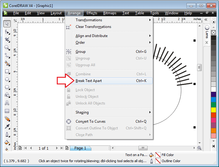 ارینج مینیو میں موجود بریک ٹیکسٹ اپارٹ آپشن کی مدد سے پائپ سائنز کو دائرے سے الگ کریں